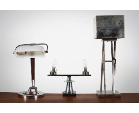 A CHROME DESK LIGHT with milk glass shade, a Cube stainless steel cross lamp and a wall sconce (3)&nbsp;