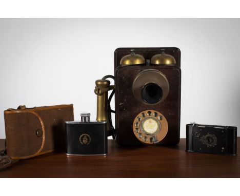 A COLLECTION INCLUDING A WALL TELEPHONE, c.1900, a hip flask, camera etc&nbsp;