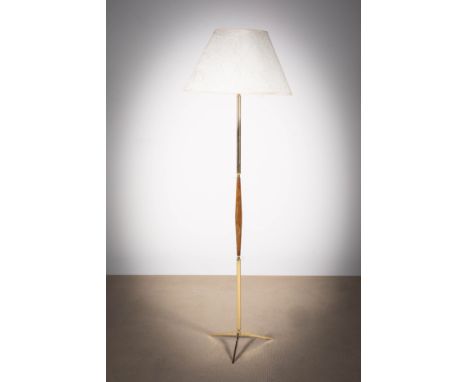 A TEAK AND GILT STANDARD LAMP, FRENCH 1970s, on tripod base, 150cm (h)