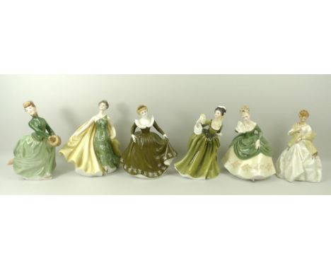 A group of six Royal Doulton ladies, comprising 'First Dance' 3629, 'Soiree' HN2312, 'Grace' HN2318, 'Geraldine' HN2348, 'Sim