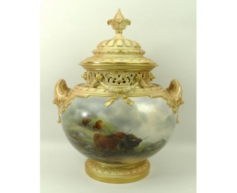 A fine and large John Stinton, Royal Worcester blush ivory porcelain pot pourri and cover, of circular two handled design, mo