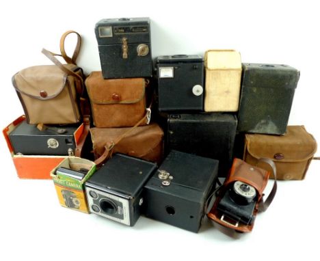 A collection of vintage cameras, including a Kodak Baby Hawkeye camera, Portrait Hawkeye 1936 boxed with part instructions, t