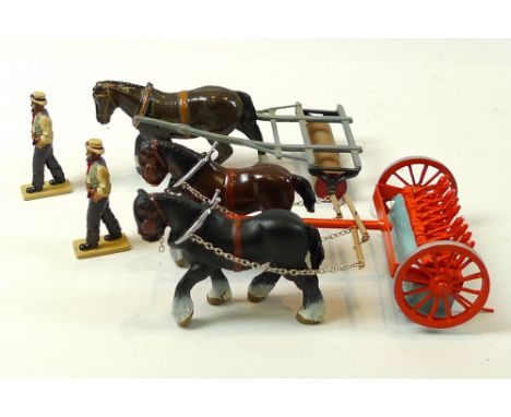 A Britains Farm Series Seed Drill and two horses and farmer with whip and a two piece Horse Drawn Roller and a 1994 figure. (