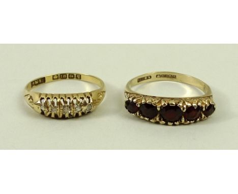 An 18ct gold and diamond ring, the open setting with five diamonds, size N, 2g, and a 9ct gold and garnet ring, size P, 2.9g.