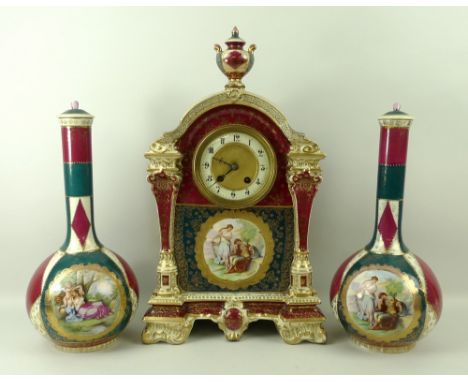 A Dresden clock garniture, circa 1890, the ceramic clock in green and red with gilded details, with central cartouche depicti