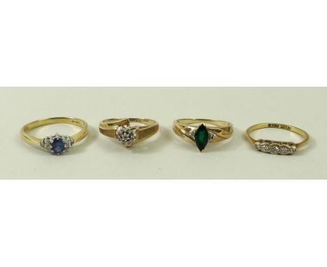 A group of four rings, comprising a 10k crossover with diamond star, size O, a sapphire and diamond ring, size R, 1930s 18ct 