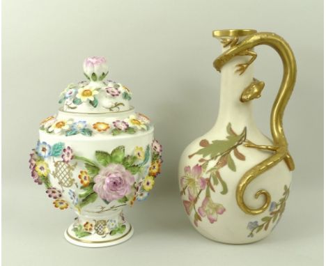 A Royal Worcester blush ivory jug, with salamander handle, circa 1900, 18cm, and a Coalport Coalbrookdale vase and cover, dec