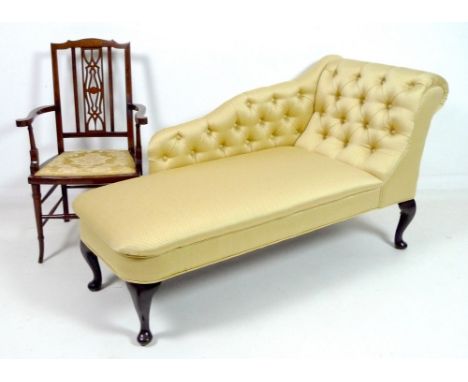 NOTE: BACK LEG OF CHAISE LONGUE BROKENA modern button back chaise longue, in Victorian style, with shaped half back, and slop