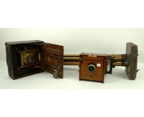 A folding plate camera, Tele-Photo-Poco, Rochester Camera Co, with leather bellows and tripod, and a further plate camera, Th