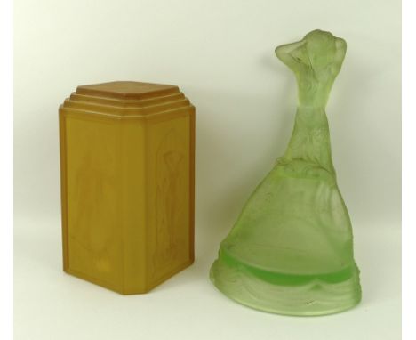 An Art Deco pressed orange glass table lamp shade, of rectangular form, the panels decorated in low relief with female figure