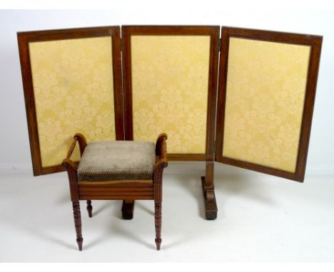 A Victorian oak two fold fire screen, upholstered in gold coloured fabric, 56 (168 open) by 46 by 115cm high, together with a