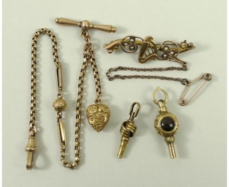 A 9ct gold Albert, of small form with gate link and ball to the centre, with heart charm, and a 9ct gold and seed pearl bar b