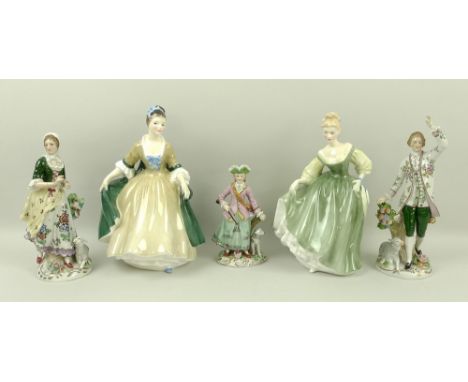 A Royal Doulton figurine of Elegance, HN2284, and another of Fair Lady, HN2193, a pair of Sitzendorf figurines modelled as a 