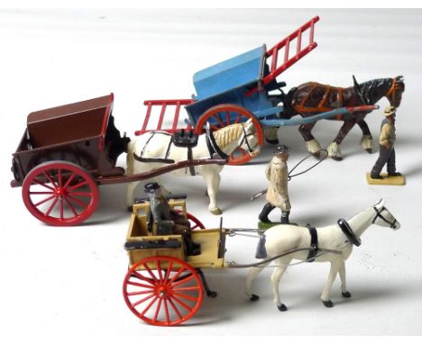 Britains Farm Series, Set 20F Farmers Gig, comprising: light brown gig with red spoked wheels, black seats,white walking hors