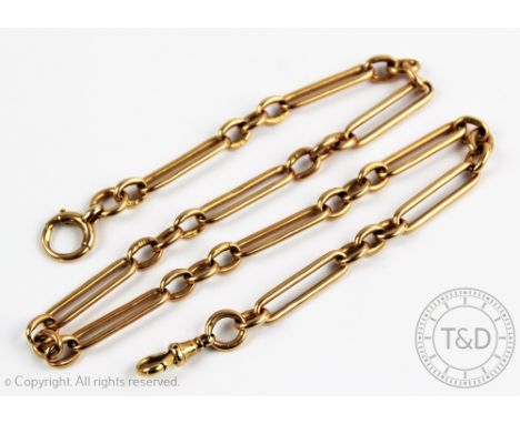 A 15ct gold watch Albert chain, formed from lozenge and oval decorative links, with attached bolt rings clasp, gross weight 4