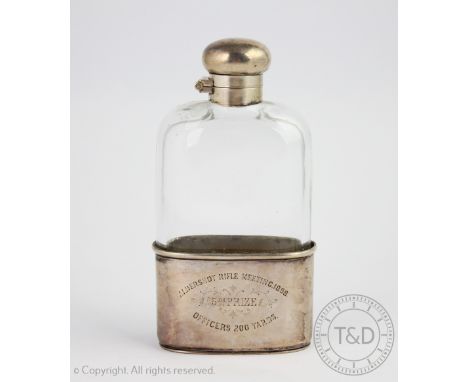 A Victorian silver mounted, glass presentation hip flask, Birmingham 1896 'L.G', engraved 'Aldershot Rifle Meeting 1898, Offi