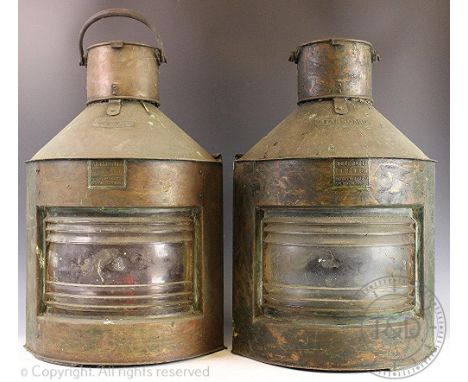 A pair of Meteorite copper and brass vintage ships lights, Port and Starboard, with makers labels numbered P104660 and P10466