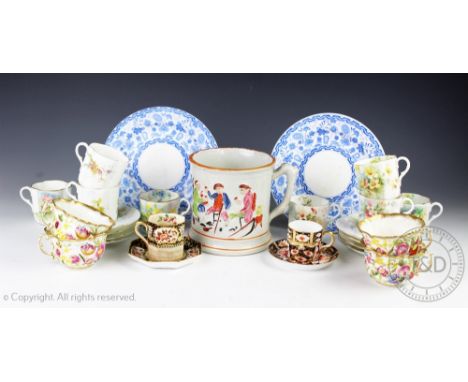 A selection of 19th century and later teacups and saucers to include four Hammersley Queen Anne 13166 pattern teacups, a set 