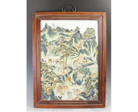 A Chinese porcelain 'One hundred deer' pattern plaque, the rectangular porcelain panel decorated in famille verte enamels dep