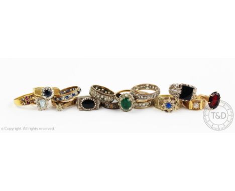 A selection of assorted rings, to include; an 18ct gold sapphire and diamond ring, 5.1gms, along with assorted dress rings in