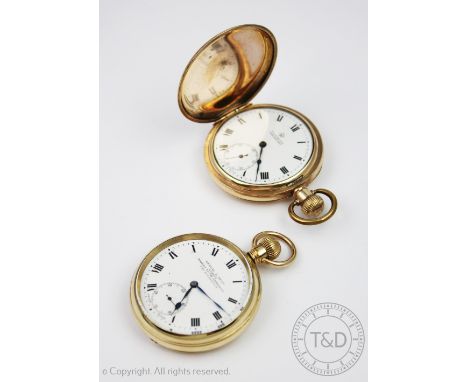 A full hunter pocket watch by 'T & A Heine, Waterford', the gold plated case enclosing white enamel dial with black Roman num