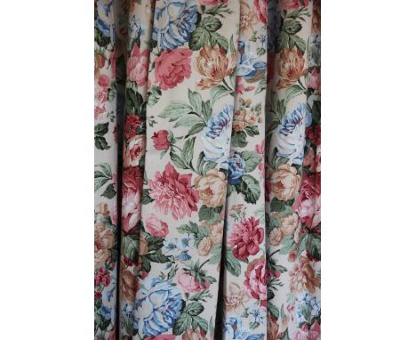 Two pairs of Crowson interlined florally decorated curtains, with tie backs, along with a matching super king size bed cover,