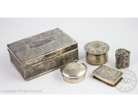 A collection of five boxes, to include; a Dutch silver box depicting 19th century figures, 3.2cm high, two boxes with coin in