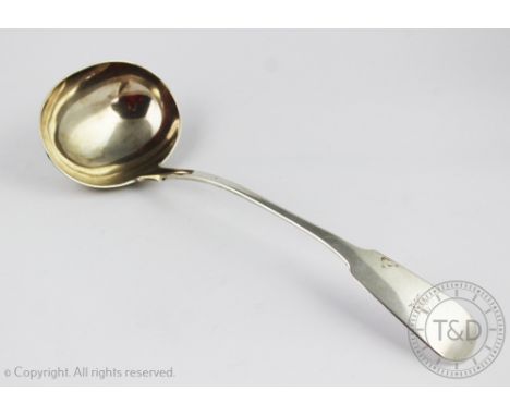 A large early 19th century silver fiddle pattern ladle, 'JD', probably Edinburgh 1829, with rampant lion crest to terminal, 3
