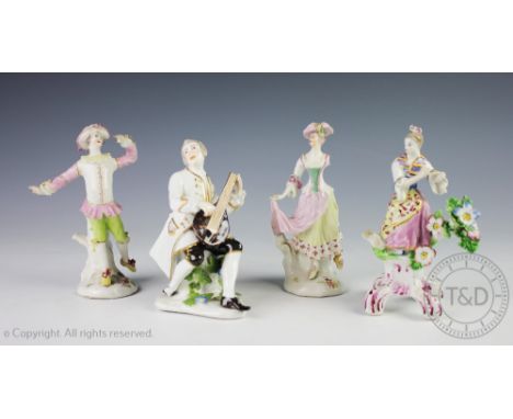 A collection of four 18th century porcelain figures, comprising; a Meissen man in white frock coat playing the lute, 13cm hig