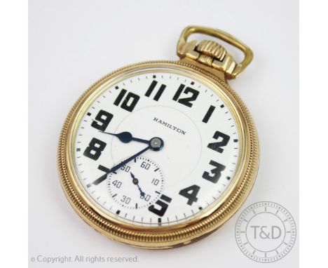 A Hamilton 992B open face Railroad grade pocket watch, 21 jewel, the white enamel dial with black numerals and subsidiary sec