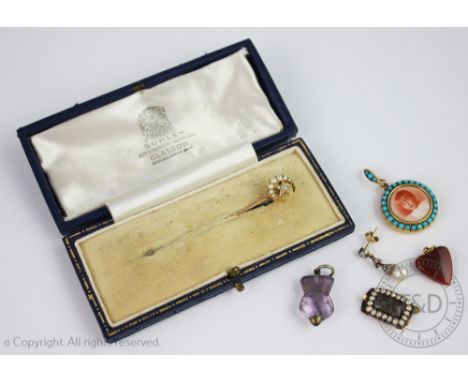 A collection of 19th century and later jewellery, to include; a pear and diamond drop earring, a diamond and seed pearl set m