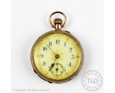 A ladies 9ct gold fob watch, the case with floral engraving and engine turned detail, the white enamel dial with blue Arabic 