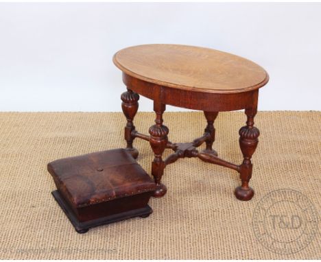 A Victorian varnished stool, with later leather top, 16cm H x 30cm W, with an oak oval occasional table (2)