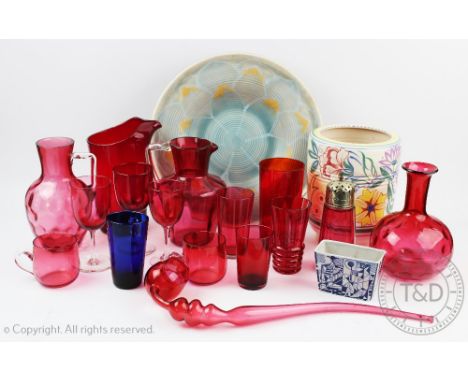 An assortment of Victorian and later cranberry and ruby glass items, to include six wine glasses ad a vase, with a Poole pott