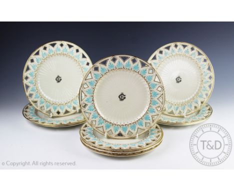 A set of ten first period Belleek plates, each decorated with overlaid initials to the centre 'BGJ', within a pierced border 