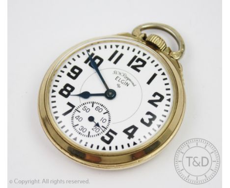 An Elgin open face Railroad grade pocket watch by B W Raymond, 21 jewels, size 16, the white enamel dial with black numerals 