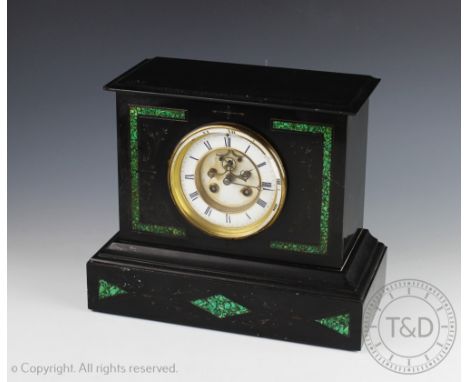 A late Victorian inlaid marble eight day mantle clock, with Roman numeral chapter ring and movement striking on a gong, 26cm 