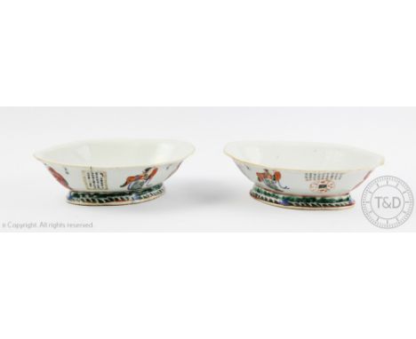 A pair of Chinese porcelain Wu Shuang Pu dishes, late 19th century, each lozenge shaped dish externally decorated with four c