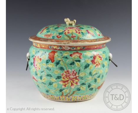 A large Chinese porcelain tureen and cover, 19th century, the ovoid shaped tureen externally decorated in famille rose enamel