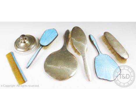 A selection of seven silver and silver and enamel dressing table brushes, mirrors, powder box etc (at fault) (7)