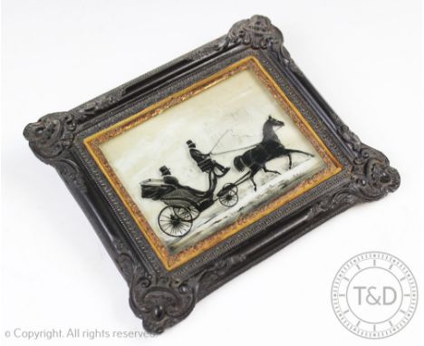 A Victorian reverse painting on glass silhouette of a horse and open carriage, with pencil sketch street behind, in papier ma