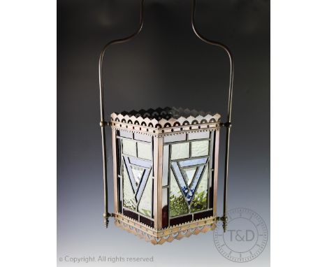A late Victorian stained glass and brass hall lantern, of rectangular form, 86cm H   CONDITION REPORT:  Lighting lots are sol