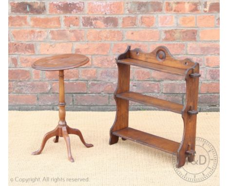 An Edwardian oak three tier wall shelf, 58cm H x 55cm W, with an oval occasional table (2)