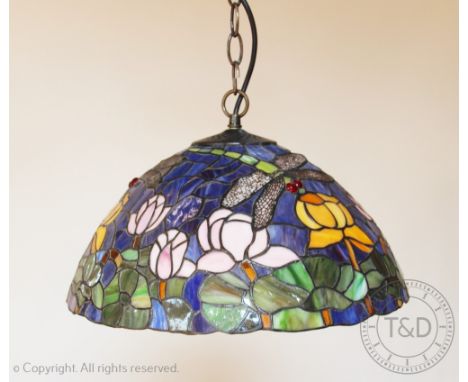 Two tiffany style glass lights, each stained glass shade depicting waterlilys and dragonflies (2)   CONDITION REPORT:  40cm d