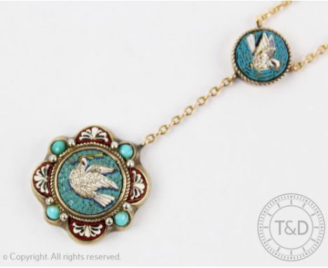 A micro mosaic set necklace, 19th century, designed as the dove of peace within a lobed claret coloured surround, suspended f