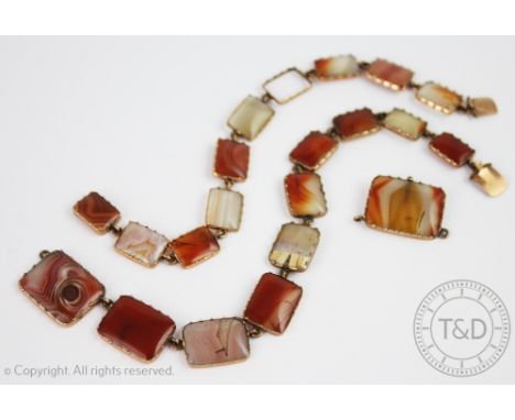 A selection of agate set jewellery, to include; a bracelet formed of ten rectangular panels of agate (one missing) all set in