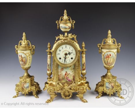 A Louis XVI style gilt metal clock garniture, with Arabic numeral dial and FHS German movement striking on a bell, 41cm H (3)