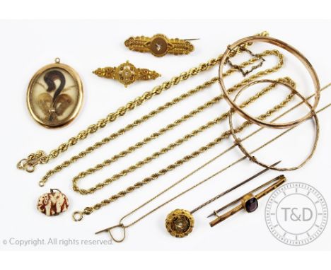 A collection of chains, bangles, Victorian brooches and a stick pin, to include a 9ct gold rope twist chain and another simil