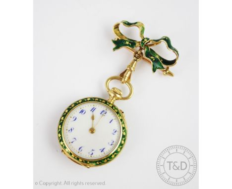 A Swiss 18K, diamond set and green enamelled ladies fob watch, the circular white enamel dial with blue Arabic numerals and g