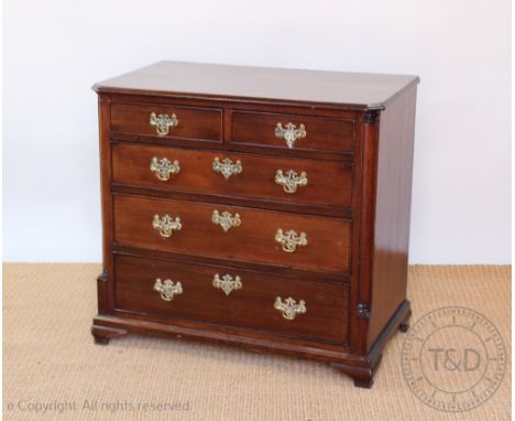 A late George III and later mahogany chest, with two short and three graduated long drawers, with corner pilasters, on ogee b